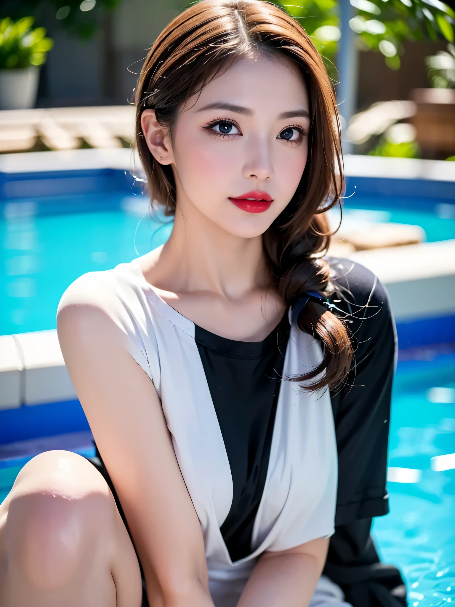 ((Near the huge summer pool)), Real、8k、 ((Anatomically correct)), ((Perfect balance)) , 42 years old、1 female、round face、Baby Face、Cute Smile、 A close-up of her face:0.6, Top quality soft lighting, ((realistic perfectly round brown_eye:1.3、Big Eyes、たれeye)), (Light pale complexion), ((Detailed pupils:1.4)), (Perfect Makeup:1.3), (Symmetrical lips:1.3)),(Bright shiny red_lipstick:1.35), ((Blue eyelashes: 1.17)), (Very detailed, Beautiful little nose:1.2), (Perfect composition), ((Sunburned skin:1.28)), ((Oily skin)), ((The blackYshirt, The blackチューブトップブラジャー) , The background is simple and blue, The gaze is directed downwards at a low angle、 (((Anatomically correct)))、(Perfect Body Proportions)、(Natural Hands、Natural Fingers、Natural Legs)