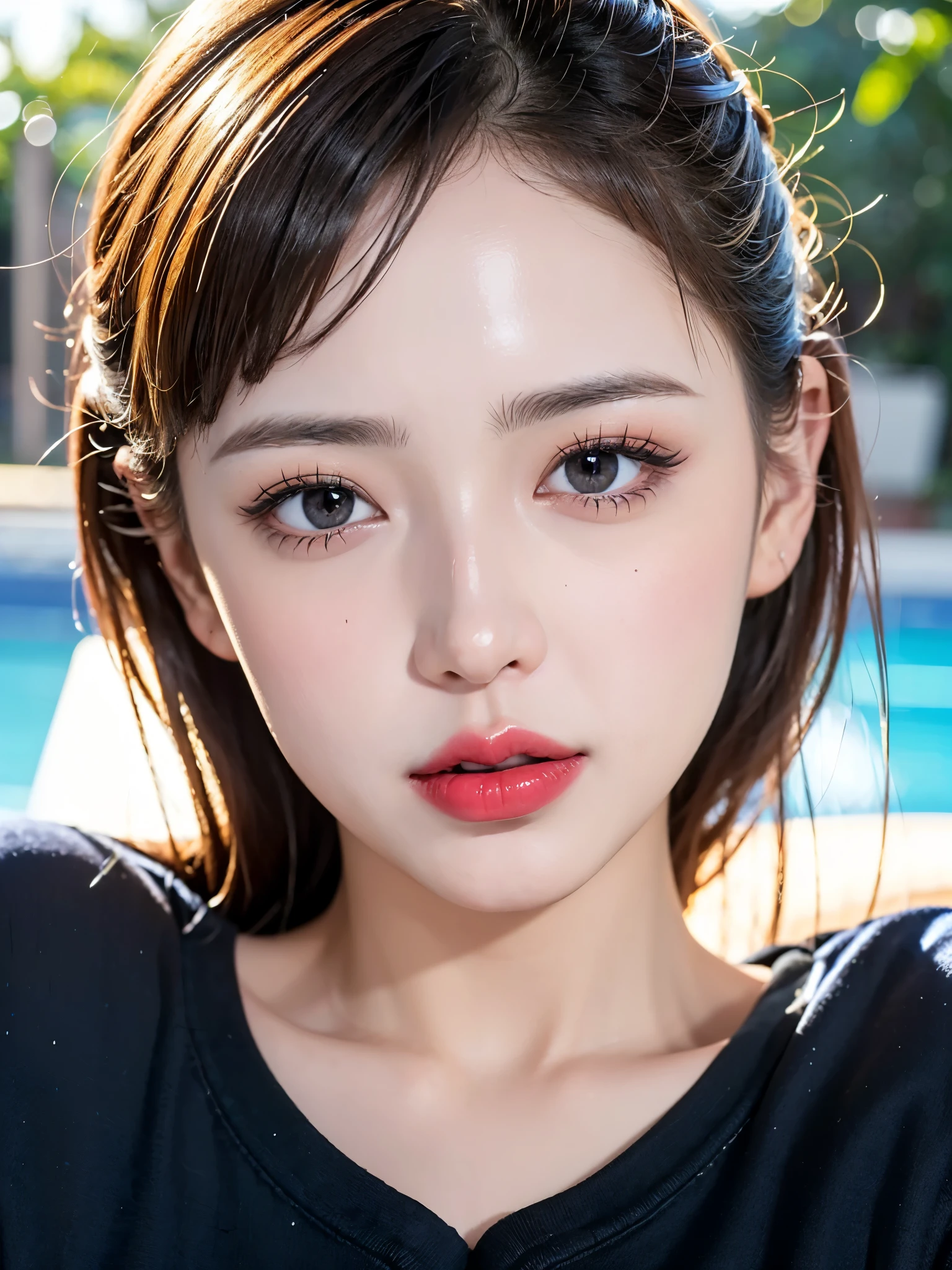 ((Near the huge summer pool)), Real、8k、 ((Anatomically correct)), ((Perfect balance)) , 42 years old、1 female、round face、Baby Face、Cute Smile、 A close-up of her face:0.6, Top quality soft lighting, ((realistic perfectly round brown_eye:1.3、Big Eyes、たれeye)), (Light pale complexion), ((Detailed pupils:1.4)), (Perfect Makeup:1.3), (Symmetrical lips:1.3)),(Bright shiny red_lipstick:1.35), ((Blue eyelashes: 1.17)), (Very detailed, Beautiful little nose:1.2), (Perfect composition), ((Sunburned skin:1.28)), ((Oily skin)), ((The blackＹshirt, The blackチューブトップブラジャー) , The background is simple and blue, The gaze is directed downwards at a low angle、 (((Anatomically correct)))、（Perfect Body Proportions)、(Natural Hands、Natural Fingers、Natural Legs)