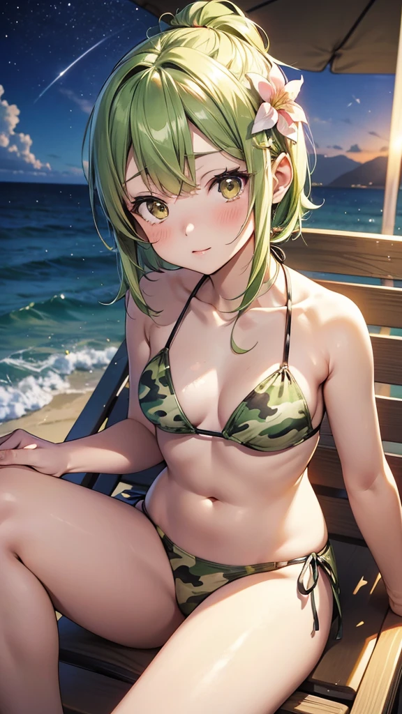 Maki: ore no imouto ga konna ni kawaii wake ga nai, 25-yers-old girl with short light green straight hair with flower hairpin on left bangs, light_brown_eyes, petite_body, average_breasts, seducing look, green camo one piece bikini, beach at night, sitting in a beach chair, top view