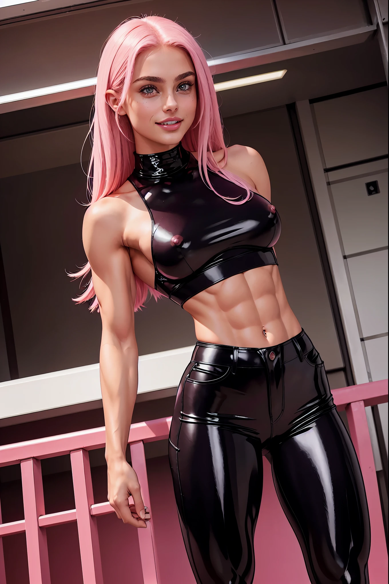 (1 girl), (supermodel Taylor Hill), young girl, masculine physique, seductive face, seductive look, smiling long pink hair, perfect muscular body, super skinny legs, latex pants, (muscular arms:1.0), small waist, round perky breasts, hard nipples