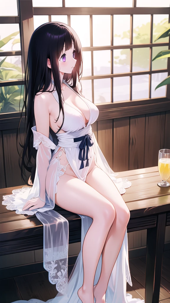 Amazing Chitanda, There is only one beautiful girl,Purple Eyes, Black Hair, Very red face,Very white skin,Glowing skin,Skin as delicate as porcelain,Naturally straight hair, Straight bangs,Extremely refined,Open lips,Long flowing hair,Beautiful Girl, Like a dream,Slim,Slim waist,Soft, (Sensual), (Kawaii), Dream quality,Beautiful big breasts,Areola,Completely naked,Wearing a transparent wedding dress,Flower decoration,Deep V neckline,Loose neckline,Wide neckline,In a traditional Japanese garden,window,Leaning against the table,Profile,Hips,Side body,Gluteal groove,Bare back,Light transmission,no pants,pussy juice,Bare shoulders,Bare neck,Exposed collarbone,Exposing breasts,Exposing breasts侧面,Show your waist,Show your buttocks,Show your thighs,Exposing the groin,No pants,extremely shy,Ultra-high resolution, (masterpiece:1.2, best quality), (Delicate and beautiful eyes: 1.2), (Beautiful and delicate face)