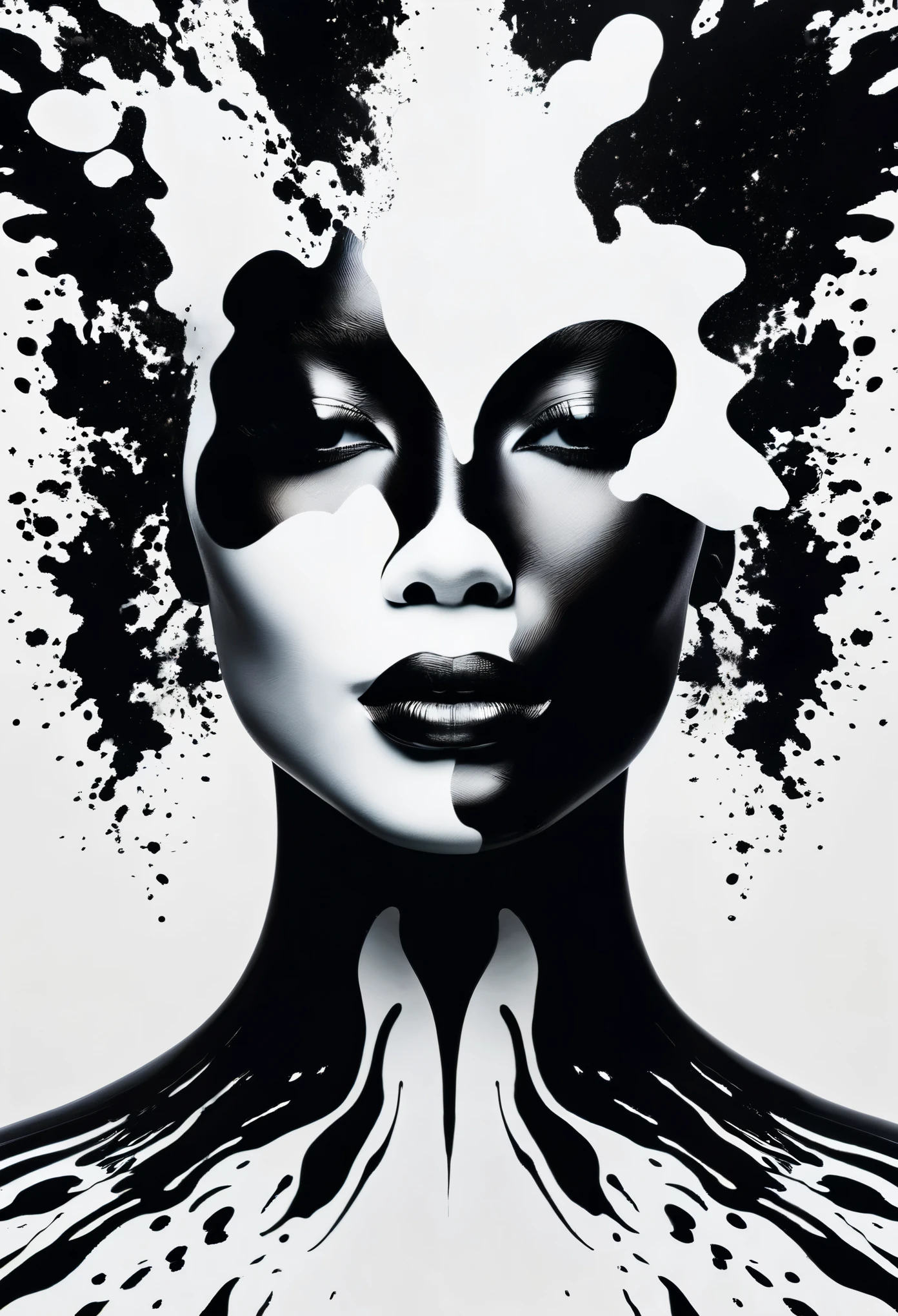 Rorschach images in shape of a black woman, white background,  32k, ultra HD 