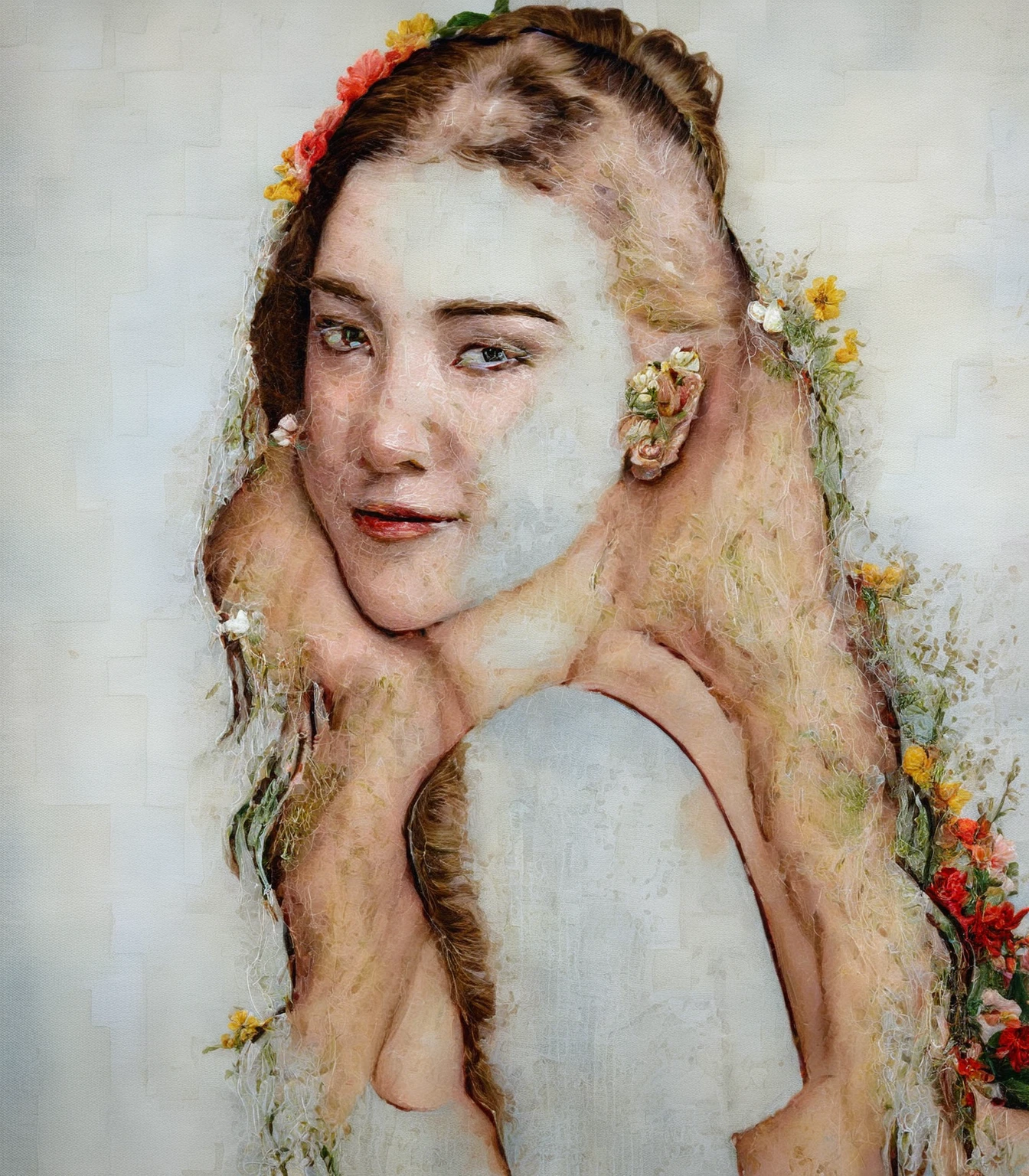 close-up image of a woman with a flower in her hair, very fine detail painting inspired by Eva Švankmajerová, flickr, serial art, portrait no. 1, 4/3 portrait, kate winlet portrait, detailed portrait of a woman, portrait of a woman with flowers, close - up portrait, medium close up portrait