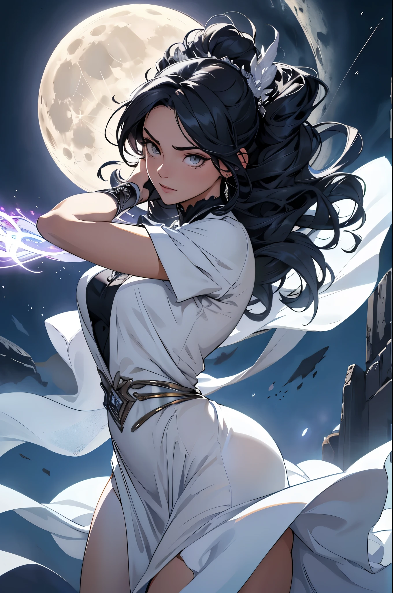 Illustrate Luna García (Selene) in an action pose. She is in the midst of casting a moonlight spell, with her long, flowing white dress and silver-adorned outfit flowing dynamically. Her large silver eyes are focused and intense, and her long, wavy black hair with silvery highlights moves with her. Surround her with a dynamic, soft, silvery aura that glows intensely to showcase her connection with the moon and her powerful presence.
