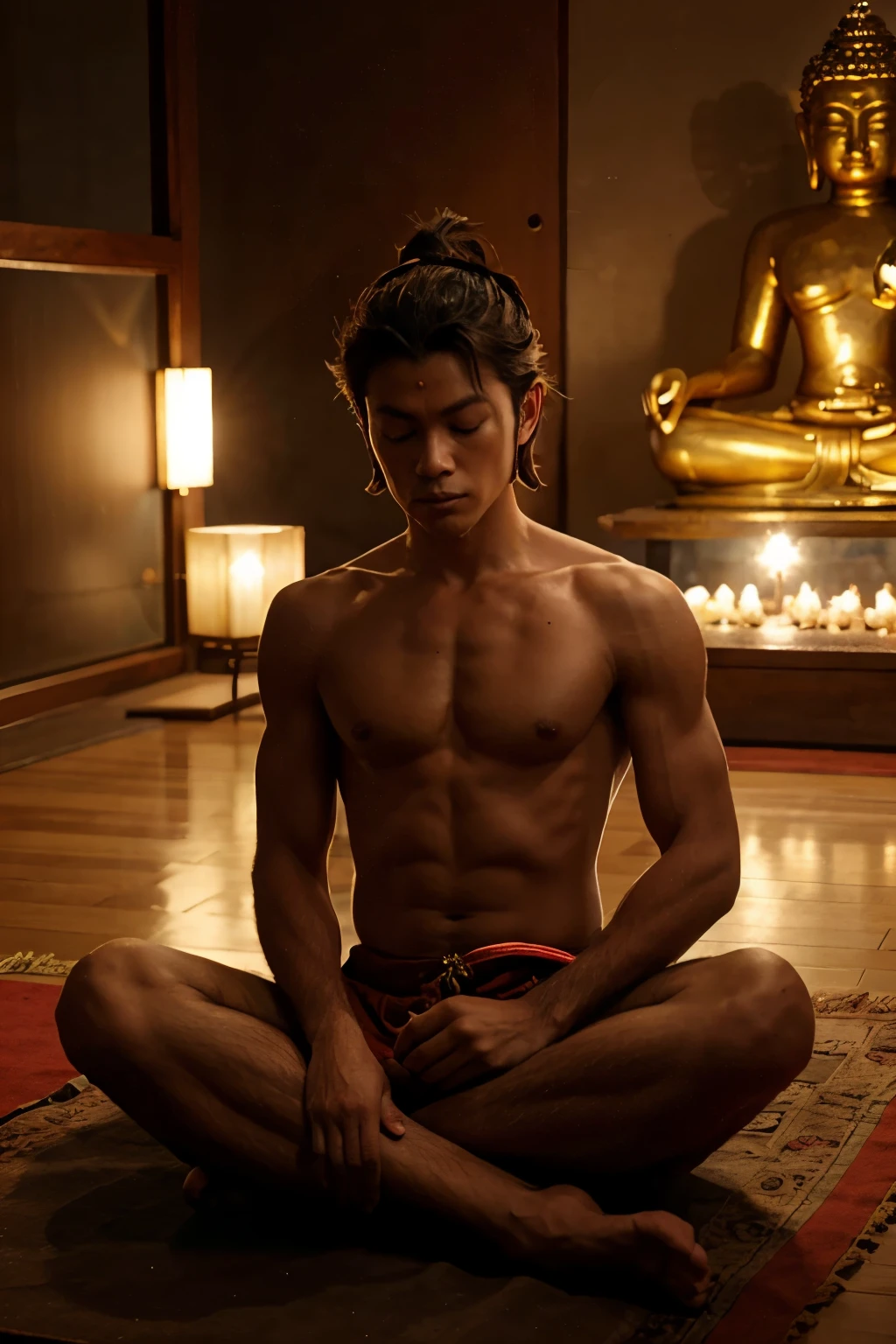 The Monkey King in meditation position and the image of Buddha behind
