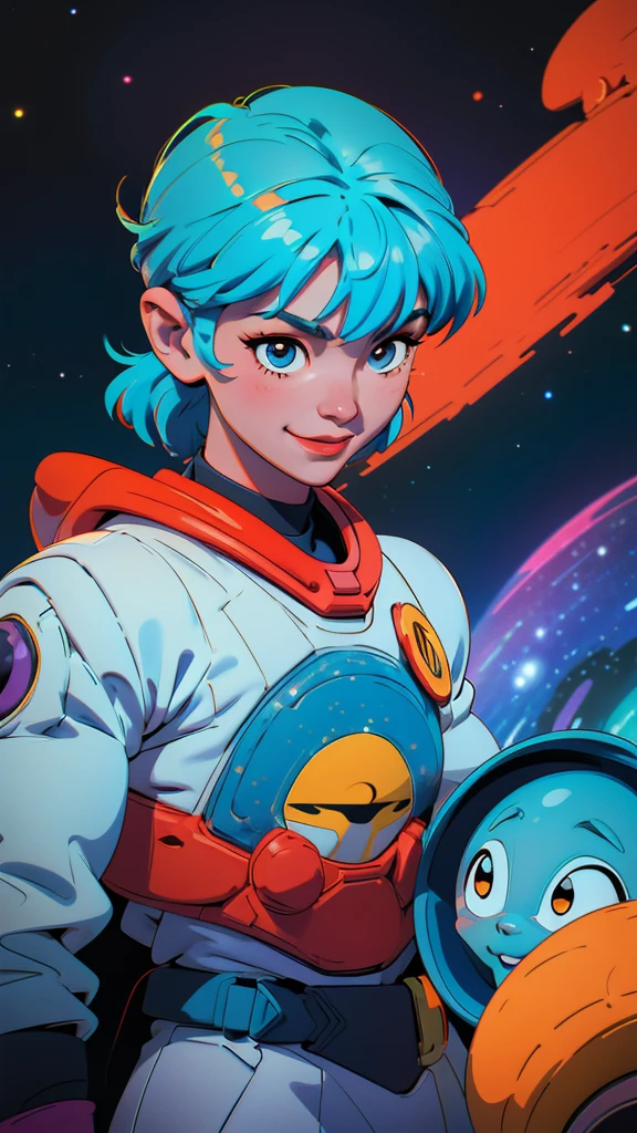 Cartoon-style image of a  astronaut of Asian descent, wearing a large, futuristic helmet, playing with an alien pet in a colorful space setting full of stars, planets and nebulae in the background. The  should be smiling and the alien should look friendly and fun with vibrant colors. The setting should convey a sense of adventure and discovery.