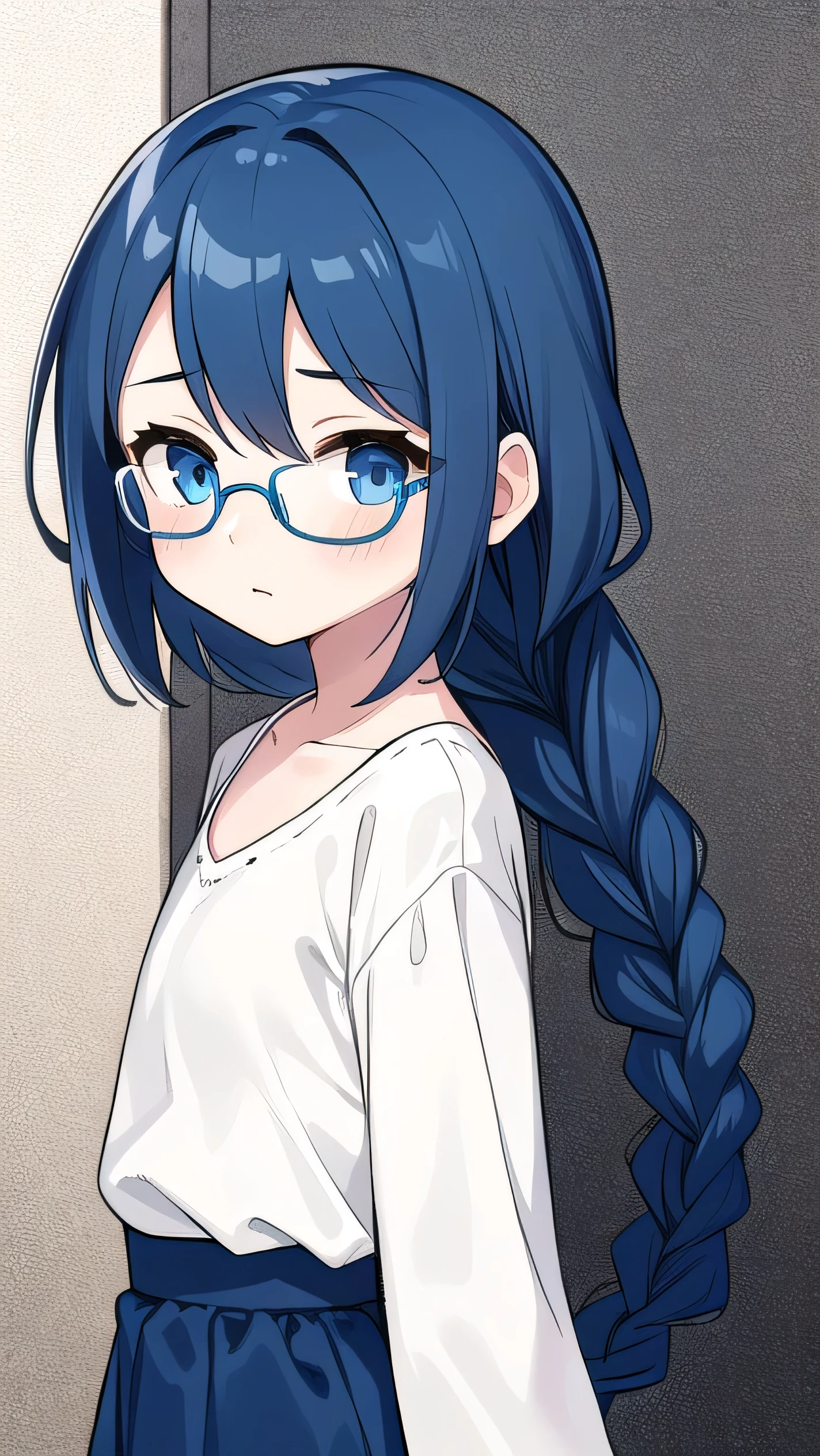 short, , blue hair, single braid, blue eyes, round eyes, shy, shy, , short, young face, short height, , glasses with no edges,flat chest,1girl,long hair,Long sleeves, cute clothes, fancy clothes, plain colored clothes, long skirts