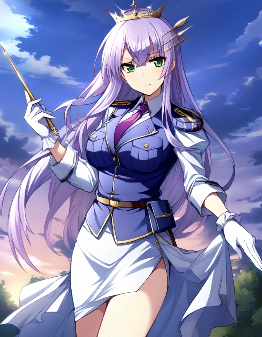 One girl,
Outdoor,
Cowboy Shot,
Twilight,
Break Yoakena, Finafam Earth Light, Green Eyes, Long Hair, Purple Hair,
Navy blue military uniform, gloves,Crown, jewelry, tie, Princess, tiara, white gloves, Long pencil skirt with slit, Thigh High Stiletto Boots Breakout Masterpiece, highest quality,