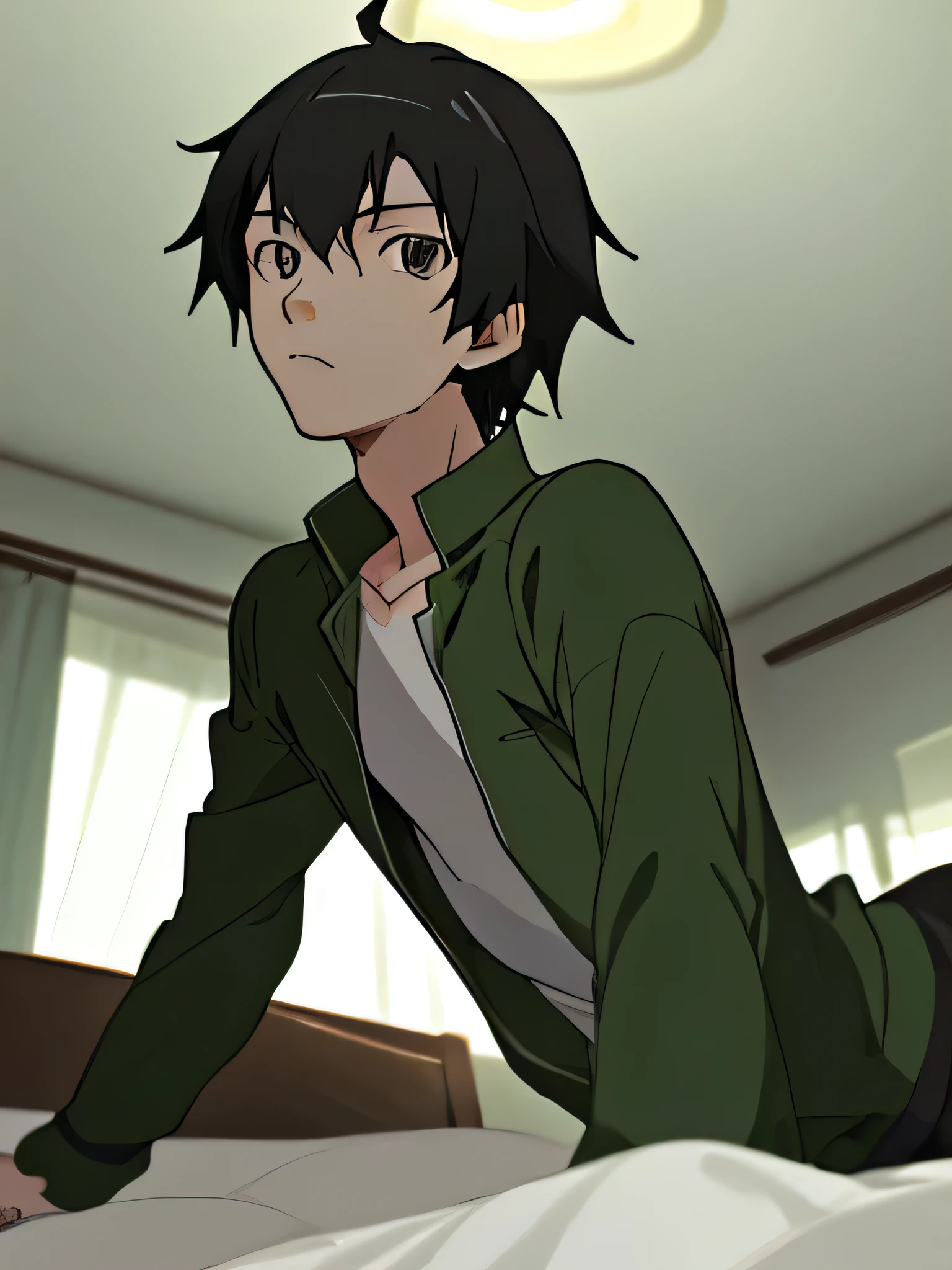 anime boy in green long sleeve with gray eyes handsome face makoto shinkai style In a bed looking up at the ceiling