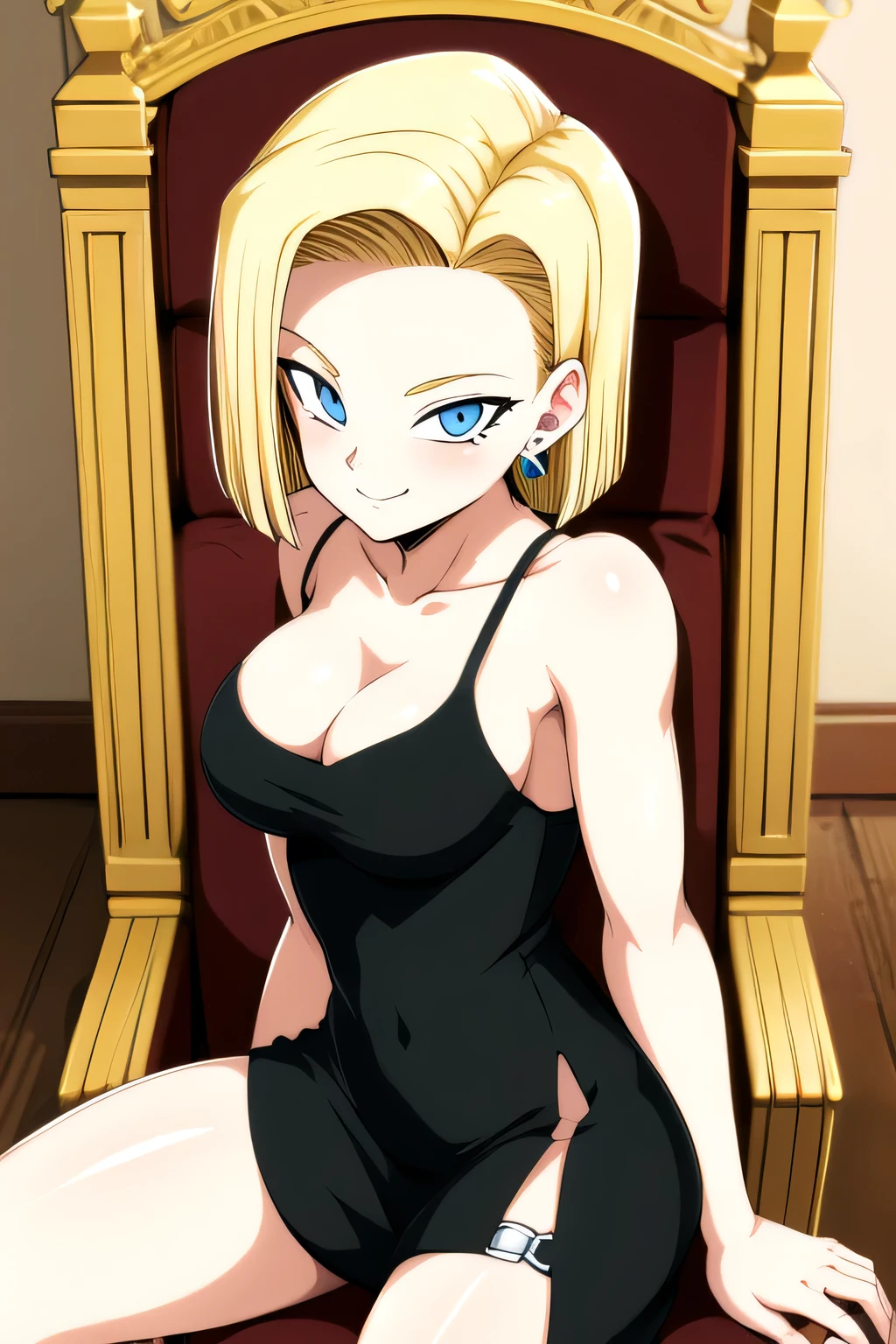 ((Highest quality, masterpiece, freak, Super Resolution)), 1 Girl,Sit on a chair、 Spread your legs、blush、from the front、Dragon Ball、No.18、Denim tight mini skirt、Lace panties、 barefoot
