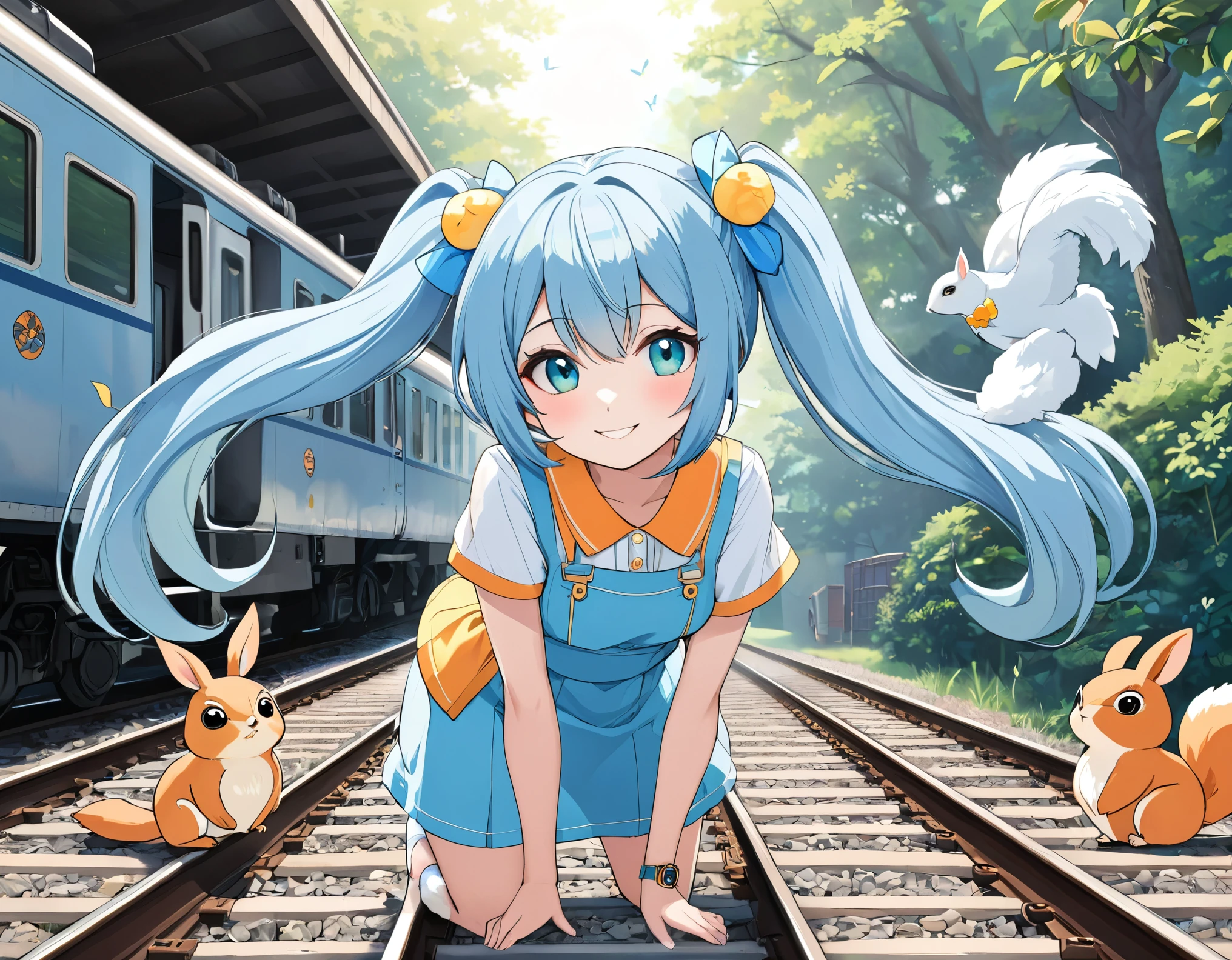 A beautiful girl looking at the endless train tracks Light blue long hair Beautiful girl with twin tails Bright smile Large in the center Owls fly and squirrels and rabbits watch around the tracks.