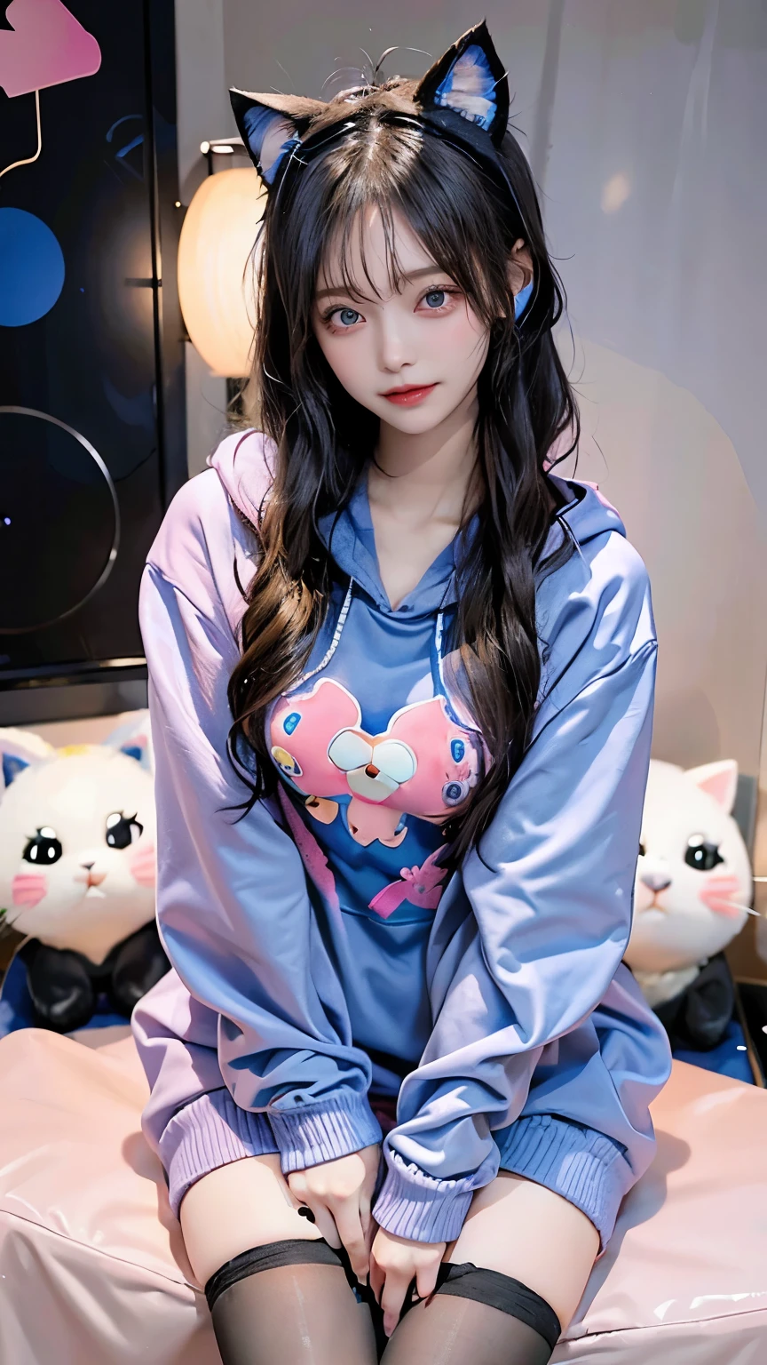 /imagine a beautiful anime girl live streaming from her room, with long black hair, big blue eyes, wearing a pink hoodie and a cute headset with cat ears, sitting in front of a modern computer setup with colorful LED lights, surrounded by plushies and posters on the wall, smiling and engaging with her audience, bright and cheerful atmosphere