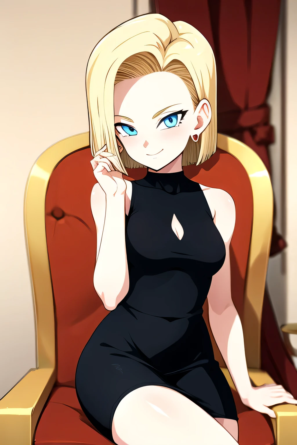 android18, 1girl, solo, breasts, looking at viewer, smile, short hair, closed mouth, blue eyes, blonde hair, medium breasts, dress, bare_shoulders, jewelry, sitting, head rest, arm_support, thighs, earrings, indoors, strap skin tight black dress, sleeveless, throne, (perfect eyes),