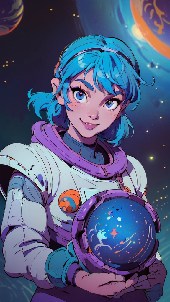 (((cartoon-style image of a  astronaut of Asian descent)(wearing a large, futuristic helmet))((playing with an alien pet in a colorful, star-filled space setting) (planets and nebulae in the background) ) ((The  must be smiling and the alien must have a friendly and fun appearance) (vibrant colors)) (scenario must convey a sense of adventure and discovery))
