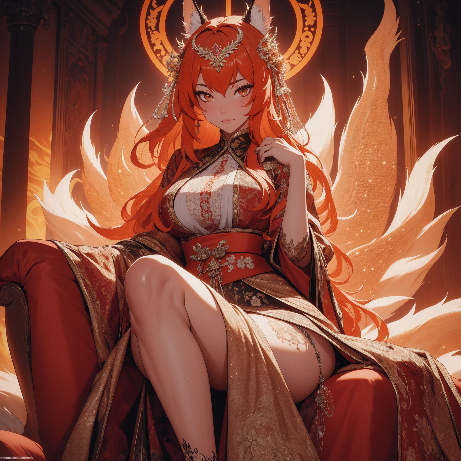 REALISTIC VISION 1.4, BETTER VAE,sharp focus, ultra detail, 32k,realistic photo, intricate details, kitsune, orange hair, oranfe eyes, intricate details ,woman, nine tails, intricate details,intricate details,big , Voluptuous body, intricate details, Miko, clothes long white dress with red details intricate details, tattoos intricate details, full body, sitting on the sofa