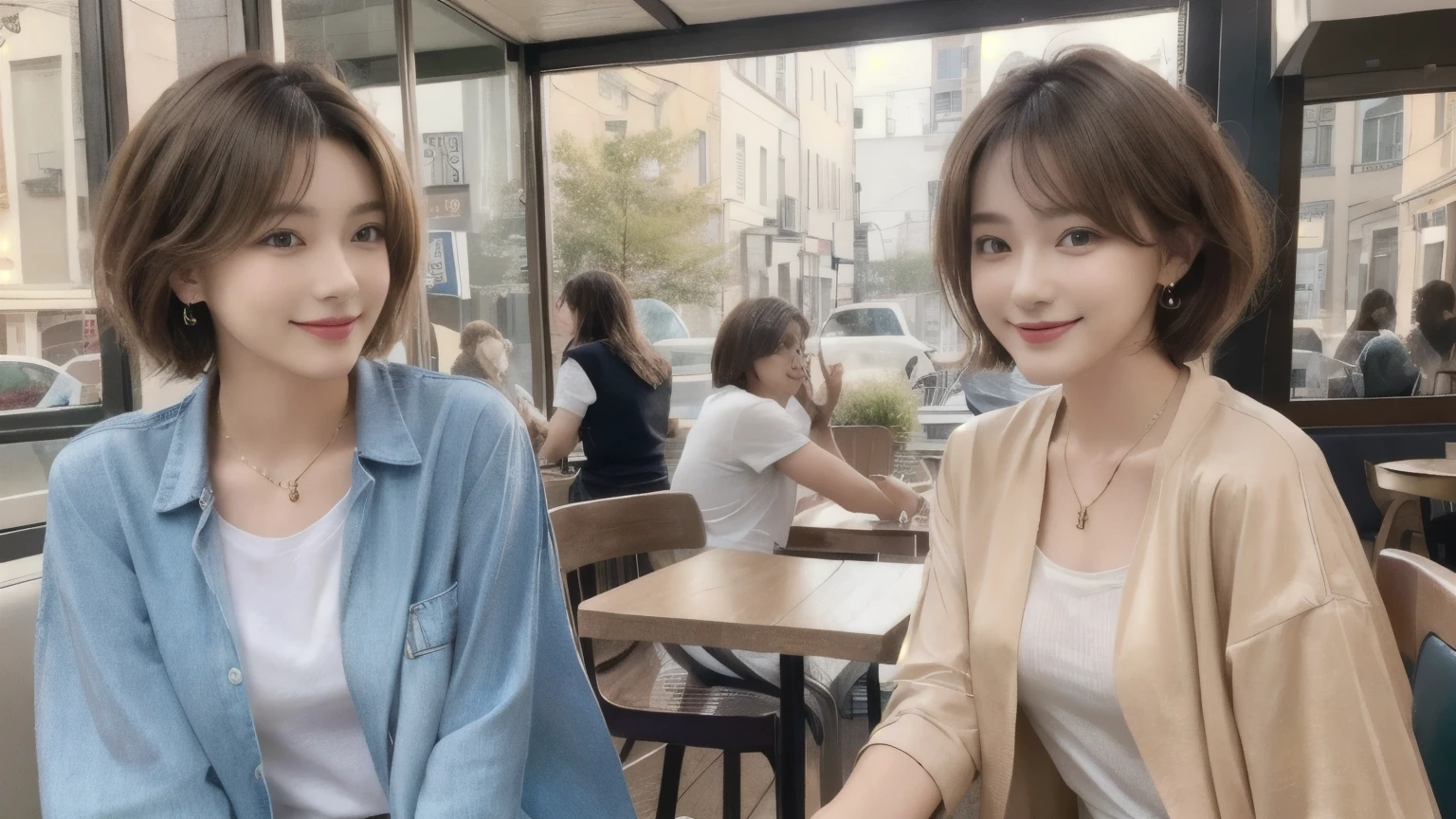 super high quality, Short Hair, Slender, The staff is working at the counter in the back., (8k、RAW Photos、highest quality、masterpiece:1.2), Stylish café, Fashion magazine photoshoot, The cafe is crowded with people enjoying themselves., (Realistic、Photorealistic:1.37), Bob Hair, Mesh Hair, Urban Cafe, Golden Ratio, Raw photo, musician, Light Brown Hair, Earrings, Small breasts, Bright cafe interior, Spring Clothes, Beauty, necklace, Cafe Terrace, Open Cafe, Jacket, A kind smile, Hair blowing in the wind, Neat clothes, T-Shirts, 18-year-old, Stylish clothes,