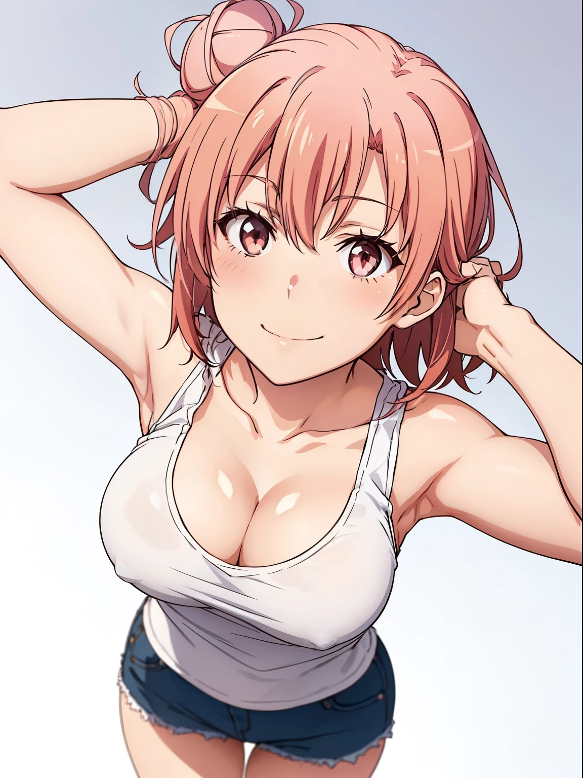 ((masutepiece, Best Quality, hight resolution, nffsw, Perfect Pixel, depth of fields, 4K, )), 1girl in, Solo, , Beautiful anime girl, Beautiful Art Style, close up, Looking at Viewer, Perfect body, Yuigahama Yui, Short hair, pink hair, hairbun, (large boob), Full face blush, Smile, thighs thighs thighs thighs, blank white background, white tank top, cleavage, Looking up at viewer , hands behind head, shot from above, Focus,