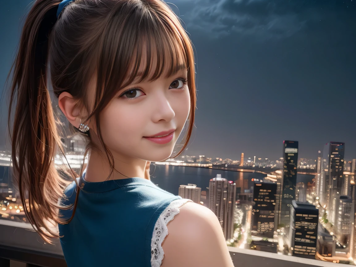(masterpiece:1.3), High resolution, Super detailed, Highly detailed Unity ,8k, wallpaper, Realistic, photo-Realistic, RAW Photos, Beautifully detailed face, Detailed cloth texture, Detailed hair texture, Accurate, Anatomically correct, Highly detailed face and skin texture,
One Girl, cute、(Ultra short hair)((Short ponytail))、 A shy smile, Brown Hair、Deep blue eyes、((Short sleeve lace top))、((Ultra mini skirt:1.2))、((Night cityscape:1.6))、sit、
