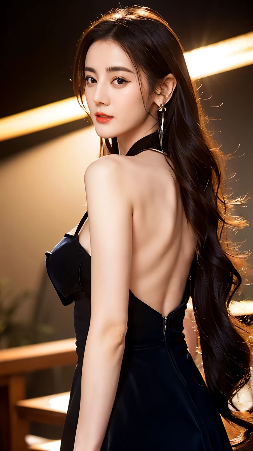 Ultra HD resolution,artistic photos,Photography,21year girl,earrings,long hair,Black background,Black backless dress,necklace,cowboy shot,H cup,Showing cleavage,Expose more breasts,Amazing breast size,Erect nipples,Expose the areola,Bigger breasts,Smooth and beautiful back,Completely bare back,Cold white skin,Big buttocks,Clothes made of silk,Messy hair,Messy hair,Translucent clothing