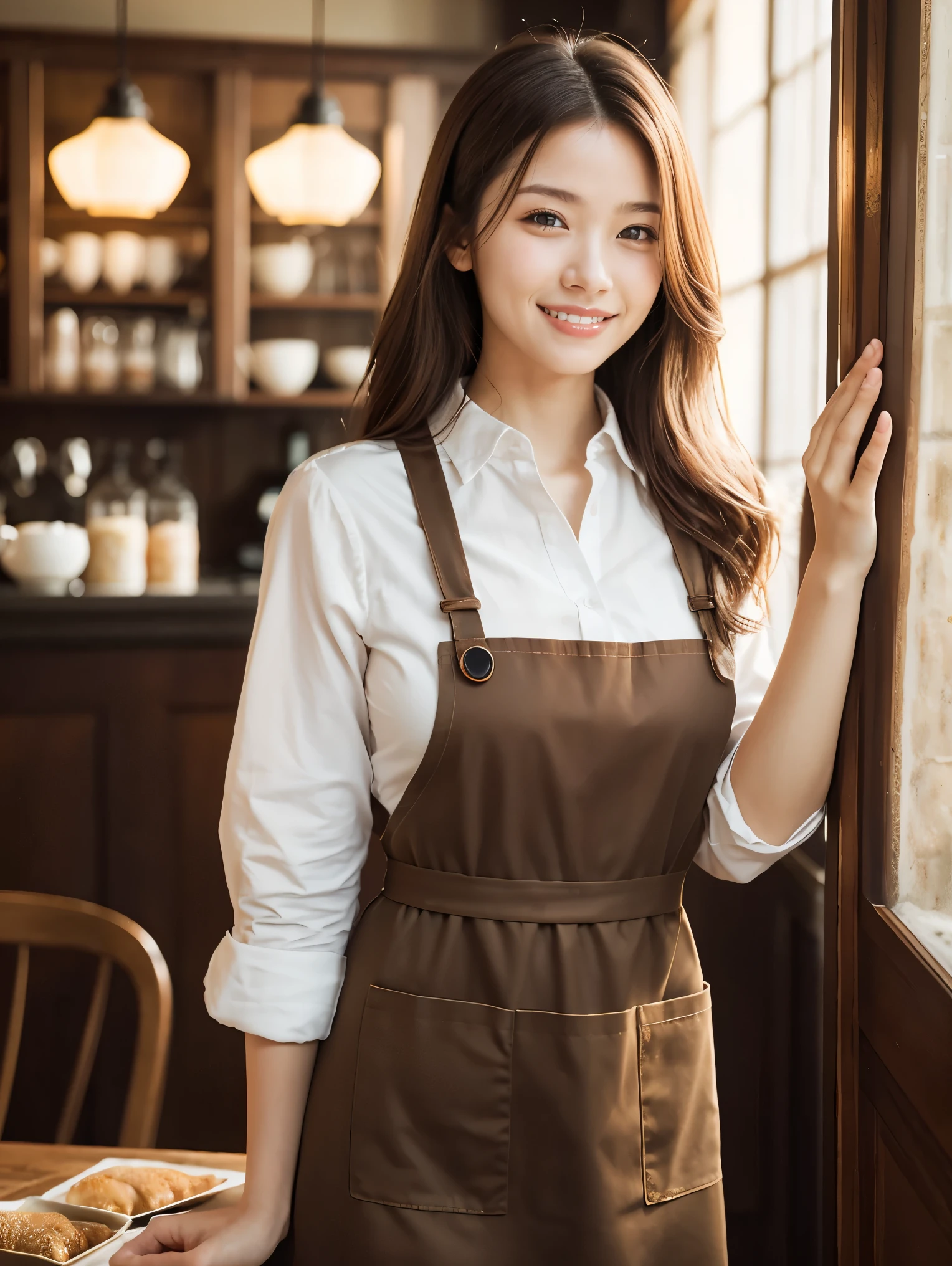 (highest quality、Tabletop、8k、Best image quality、Award-winning works)、Woman working in a café、(The perfect brown apron:1.1)、(The perfect brown apron:1.1)、(wide々She is standing elegantly in a modest cafe..:1.3)、(A classy shirt and apron:1.1)、(Big Breasts:1.1)、(Accentuate your body lines:1.1)、Beautiful woman portrait、The most elegant and cozy cafe、The most natural cafe, Perfectly organized、The most atmospheric and warm lighting、Stylish and elegant cafe、Strongly blurred background、Look at me and smile、(Accurate anatomy:1.2)、Ultra high resolution perfect beautiful teeth、Ultra-high definition beauty face、Ultra HD Hair、Ultra HD The Shining Eyes、The Shining, Super high quality beautiful skin、Super high quality glossy lip