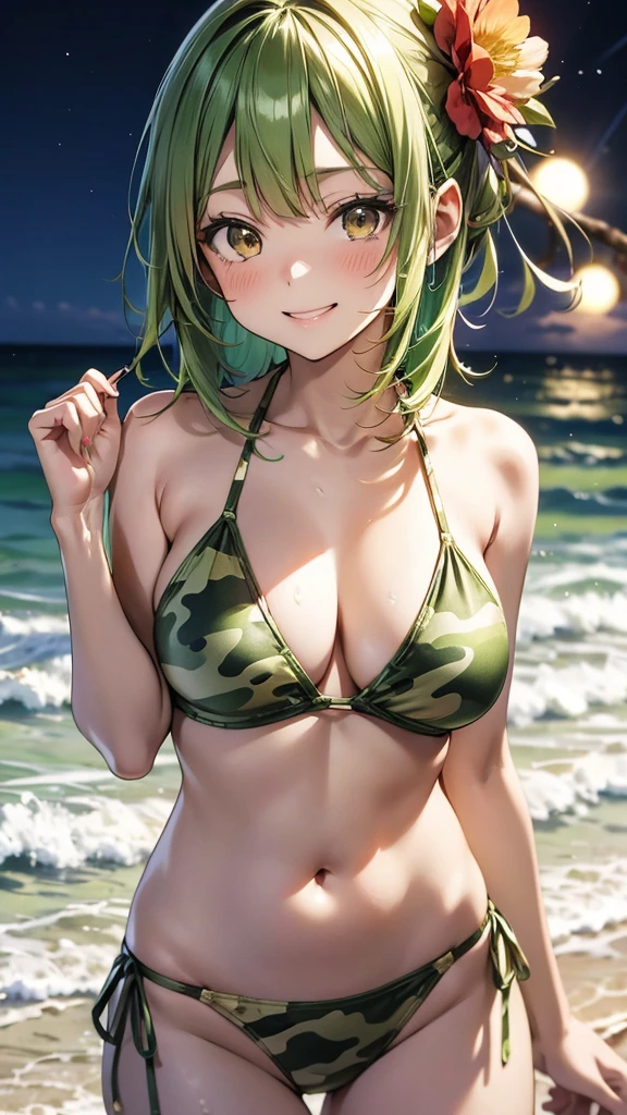 Maki: ore no imouto ga konna ni kawaii wake ga nai, 25-yers-old girl with short light green straight hair with flower hairpin on left bangs, light_brown_eyes, petite_body, average_breasts, seducing look, green camo one piece bikini, beach at night, upper body portrait, smiling