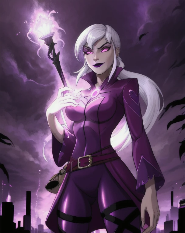 (cowboy shot), sfw, (masterpiece), (best quality:1.0), (ultra highres:1.0), detailed eyes, BREAK Charmcaster, 1girl, low ponytail, bangs, pink eyes, dark purple lipstick, eyeliner, smirk, magenta coat, dark purple tights, thigh straps, pouch belt, both hands glowing bright purple, purple magic, bright purple sparks in both hands, BREAK (city, nighttime, gloomy and isolated tone, outdoors, dark clouds in the sky, purple lighting, gorgeous view)
