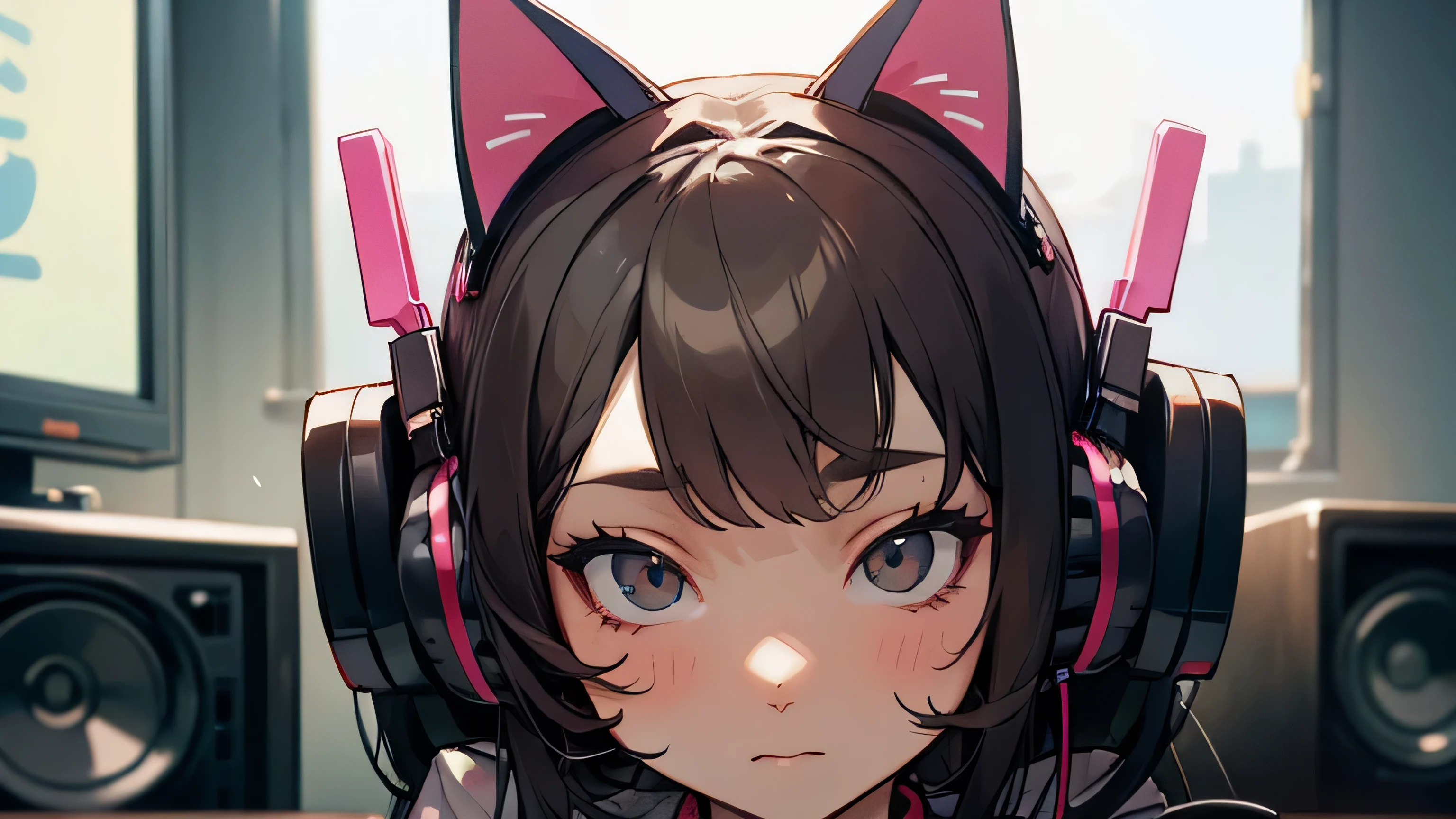 Room with speakers、Cat with headphones、Face close-up