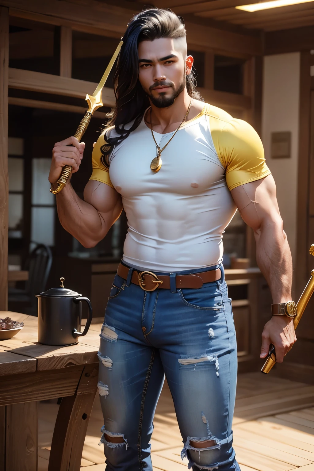 Homem musculoso, sozinho, holding a golden spear, cabelo preso em coque, cabelo castanho escuro, Chinese looking man, ((blusa social amarela queimada, jeans branco longo)), bota militar preta, sorriso, olhos de cor amarela, castelo, costume.