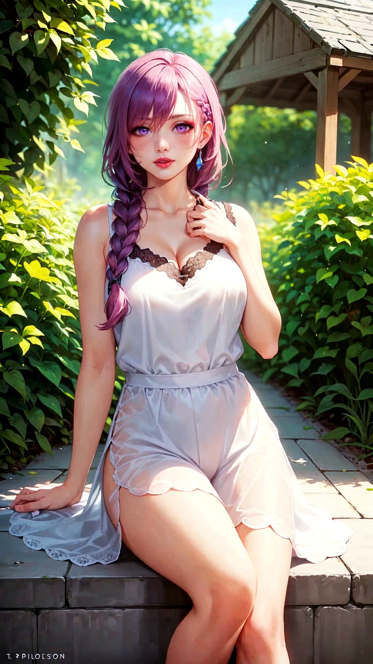 ((sensual body)), large breasts, White Sundress, one hand in hair, thighs, sexy legs, closed high heels, full-body shot, seductive look, blush, outdoor, in a garden, looking at viewer, cloudy, moody lighting, (perfectly detailed eyes:1.2), glowing eyes, (long hair one braid:1.2), (Masterpiece, Best Quality, High Quality:1.4), professional artwork, Intricate Details, field of view, sharp focus, detailed painting, photorealistic lighting, trending on pixiv, (vivid lighting, vibrant colors:1.05), realistic shadows, ambient occlusion, (athletic body:1.3), mature woman, 30yo, shenhe, hyperdetail eyes, beautiful eyes, (((solo:1.4))), semi-realistic hair, (((beautiful makeup:1.3, beautiful pink lipstick:1.3, beautiful pink eyeshadow:1.3, purple eyes:1.0, purple hair:1.0))), (solo:1.4)