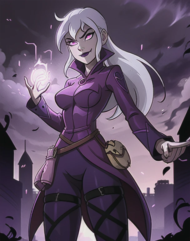 (cowboy shot), sfw, (masterpiece), (best quality:1.0), (ultra highres:1.0), detailed eyes, BREAK Charmcaster, 1girl, low ponytail, bangs, pink eyes, dark purple lipstick, eyeliner, smirk, magenta coat, dark purple tights, thigh straps, pouch belt, both hands glowing bright purple, purple magic, bright purple sparks in both hands, BREAK (city, nighttime, gloomy and isolated tone, outdoors, dark clouds in the sky, purple lighting, gorgeous view)
