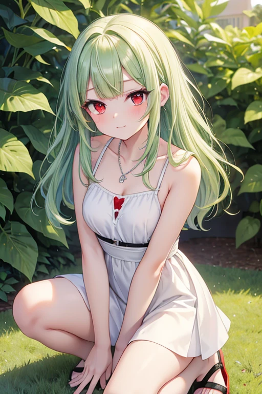 masterpiece, key anime visual, HDR, best quality, hi-res, (anime girl with red eyes and white skin), adolescent, (((light green hair))), (((straight hair that goes to her knees))), wearing a plain white sleeveless mini dress, wearing tan sandals with no socks, (((small breast))), in a garden, (kneeling), happy face, cute, looking up at camera, body angled, bangs left, asymmetrical bang, wavy side bangs to her shoulders on both sides of her face, 1 silver heart necklace on thin silver chain, 