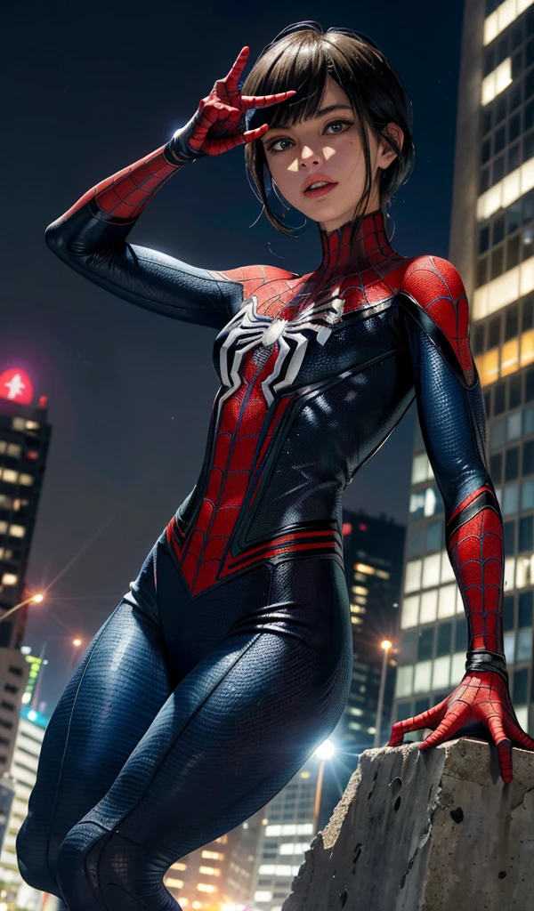 (Obra maestra, 4k-resolution, ultra realista, muy detallada), (White superhero theme, carismatic, hay una chica en la parte superior de la ciudad, vestida con el disfraz de dark magician girl, is a superhero), [ ((20 year), (cabello largo y Rubio: 1.2), cuerpo completo, (ojos azules: 1.2), ((pose de Spider-Man), show of force, saltar de un edificio a otro), ((entorno urbano arenoso): 0.8)| (paisaje urbano, por la noche, dinamic lights), (luna llena))] # Explanation: The Prompt primarily describes an ultra-high-definition 4K painting, muy realista, muy detallada. It shows a superheroine at the top of the city, vestida con un disfraz de dark magician girl. The theme in the painting is a white superhero theme, la protagonista femenina tiene el pelo largo y Rubio, He is 20 years old and his whole body is shown in the painting. In terms of portraying the actions of female superheroes, se emplean magias. Dark magician girl sexy super hero,
