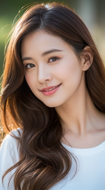Brown haired woman, 30 years old、welcome、bloom、Lens flare、(8k、born、Professional、highest quality、masterpiece:1.2)、(Realistic、Photorealistic:1.37)、Ultra-detailed、(Highest Detail Skin:1.2)、(Ultimate detailed face:1.2)、Cinema Lighting、1 Female、Japanese、Brown Shortcut、(the wind is strong)、Warm White Light、A shy smile、Photographed from the front、((highest quality、8k、masterpiece:1.3))、Beautiful woman with perfect figure:1.4、、((Dark brown hair、huge tits:1.2))、Highly detailed face and skin texture、Detailed eyes、double eyelid、huge 、gender Wearing a plain white crew neck T-shirt Beach Hawaii whole photo
