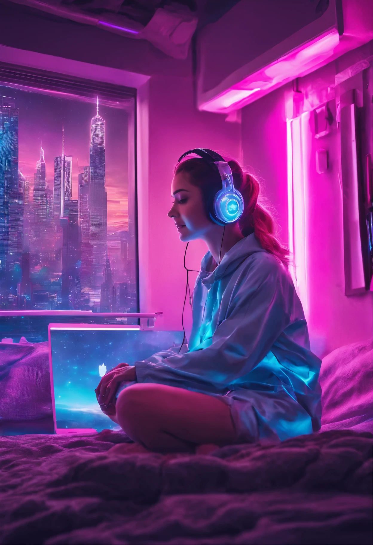 image of a beautiful European girl with a beautiful smile and closed eyes sitting in the lotus position on the bed inside an apartment bedroom with pink and blue neon lights and a window that shows buildings lit up with neon outside at night, She wears headphones over her ears and is facing the window