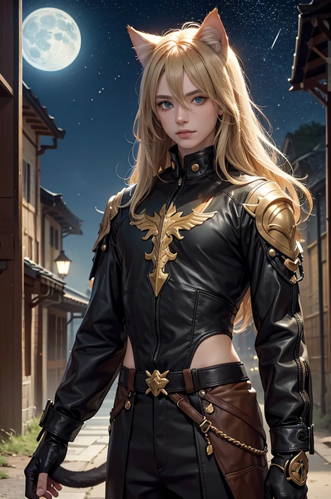 young man, medium-length blond hair, mask, leather outfit, cat's ear, green eyes, cat, building, night, alley, rain, cat's tail, stars, moon, ultra-detailed, detailed face, detailed eyes.