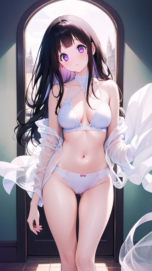 Beautiful Chitanda,只有一个beautiful girl,Purple Eyes, Black Hair, Natural straight hair, Straight bangs,Extremely refined,open your lips,Face is so red,Very white skin,Skin as delicate as porcelain,Glowing skin,big eyes,Flowing long hair,beautiful girl, Like a dream,Slim,Slim waist,Soft, (Sensual), (Kawaii), Dream quality,Holding the schoolbag on the head to avoid the rain,Profile,Side breasts,Bend your body,Underwear Rain,Completely naked,Bare back,nacked hip,Wrapped in a transparent raincoat,Bare belly,very close,Deep V neckline,Loose neckline,Beautiful big breasts,No pants,Delicate clavicle,Delicate hands and feet,Bare neck,There is no decoration on the neck,Bare thighs,Exposing the groin,Camel toe,extremely shy,Ultra-high resolution, (masterpiece:1.2, best quality), (Delicate and beautiful eyes: 1.2), (Beautiful and delicate face)