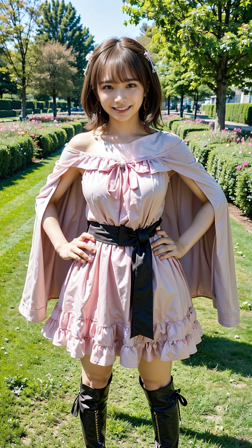 (8k、RAW Photos、highest quality、masterpiece:1.2)、(Realistic、Realistic)、1 girl、((mini skirt、Large Breasts、Pink and black、Cape、Frills、Off the shoulder、See-through、boots、Arm Covers、ribbon、smile、garden、View from the front、smile、Standing with hands on hips))、