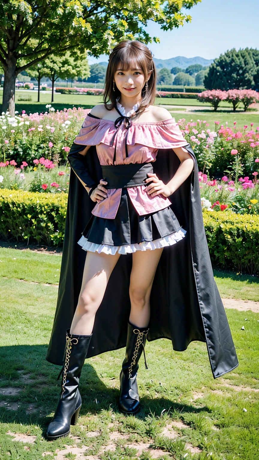 (8k、RAW Photos、highest quality、masterpiece:1.2)、(Realistic、Realistic)、1 girl、((mini skirt、Large Breasts、Pink and black、Cape、Frills、Off the shoulder、See-through、boots、Arm Covers、ribbon、smile、garden、View from the front、smile、Standing with hands on hips))、