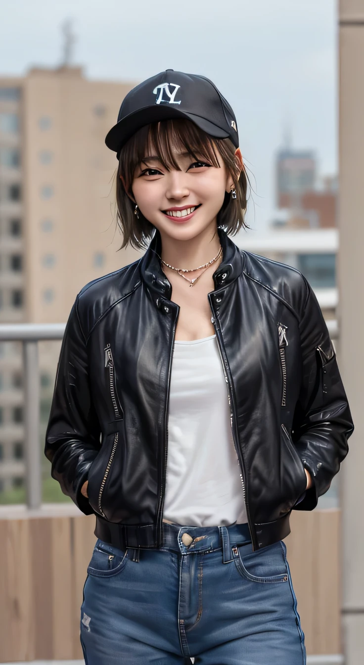 205 ((short hair)), 20-year-old female, In underwear、Leather jacket、Baseball cap、smile、Beautiful teeth alignment、Black Hair、ear piercing、Necklace around the neck、Looking into the camera, The background is the city


