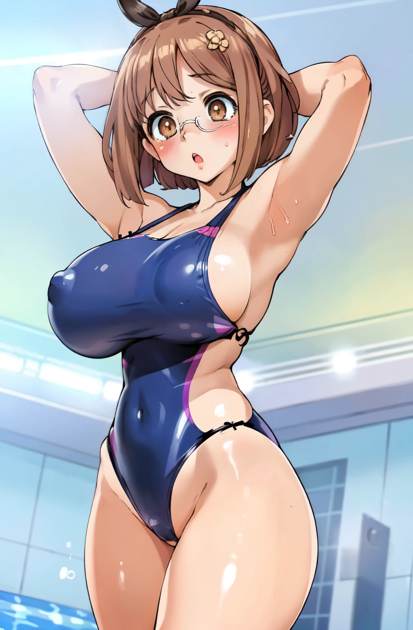 ((Table t○p, highest quality, Hi-Res Lucifer,Anime Screen Capture、Pixel Perfect, 8k, Browsing Caution、Swollen nipples)))、Perfect Anatomy、((Muscular))、(((Huge breasts、Wide Hips、Wide ass、Both armpits、Hands behind head)))、Glasses、(((Swimsuit Lift、Navy Blue Competitive Swimsuit)))、Sweat, vapor,(Brown eyes)、((Bobcut、Brown Hair)),  ((((:o、surprised、Embarrassing、blush))))、(Indoor swimming pool)、((From below))