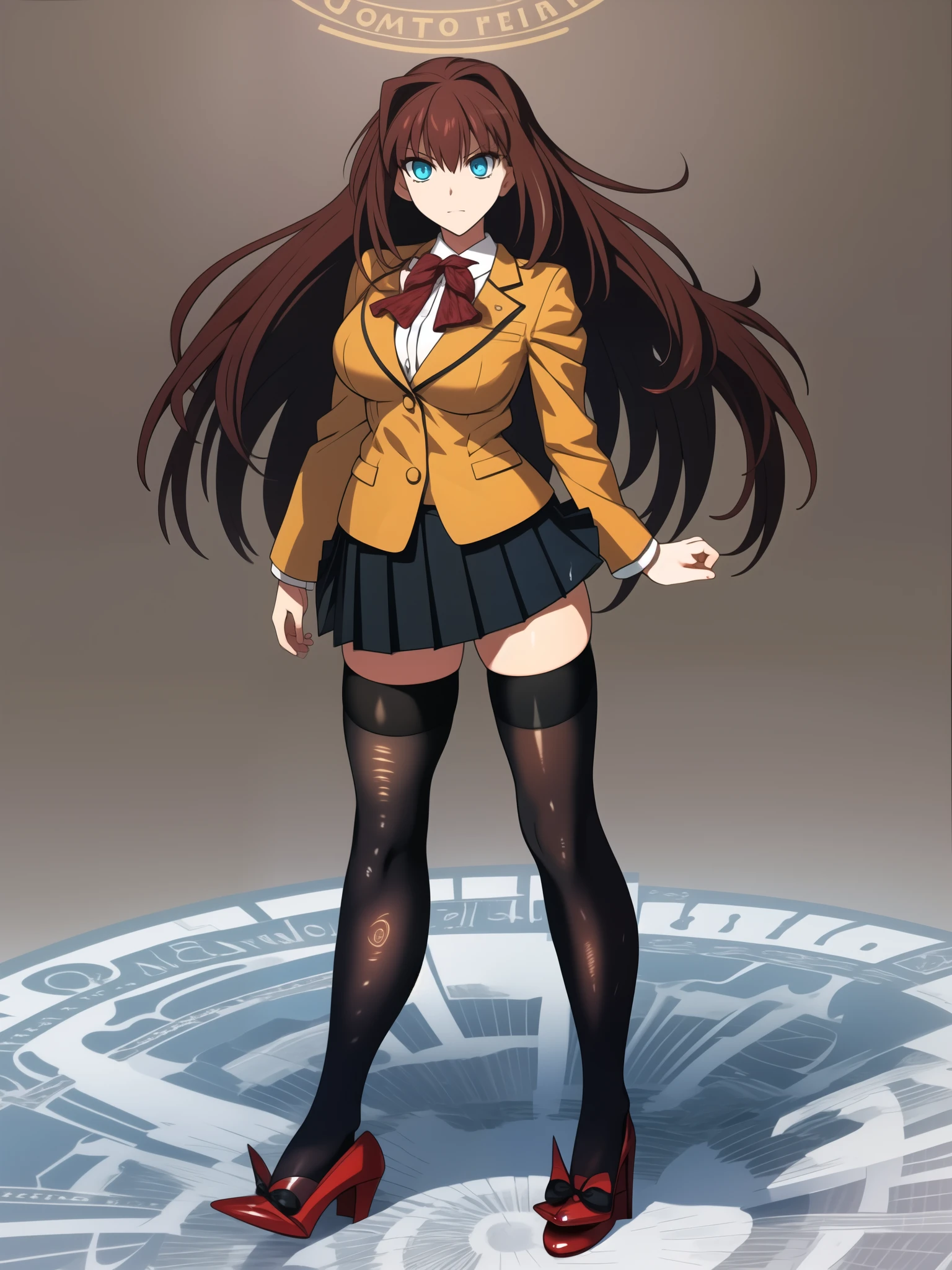 BREAK, blank background, white background, (EMPTY BACKGROUND), BREAK (masterpiece:1.2), best quality, high resolution, unity, 8k, (illustration:1), (beautiful detailed eyes:1.6), extremely detailed face, extremely detailed, CG, perfect hands, perfect anatomy, 1girl, (solo:1.5), bbaoko, (((2 legs max:1.6))), (((2 feet max:1.6))), ((swirling longest hair:1.7)), (brown longest hair with slightly reddish undertone:1.6), (lush luscious longest hair:1.6), (very long voluminous longest hair:1.5), serious, blue eyes, red bowtie, (Form-fitting beige blazer:1.5), brown jacket, (highly detailed beautiful face:1.2), (white shirt:1), (well shaped large breasts:1.6), (nice hips:1), (((Umber pleated thigh-high skirt:1.6))), (((black bike shorts:1.3))), (2 nice visible thighs:1.6), (symmetrical thigh-high black perfect generic stockings:1.6), (school loafer shoes), (facing front:1.5), ((standing straight:1.5)), ((Fullbody in frame including full shoes:1.6)), ((Full body:1.5))