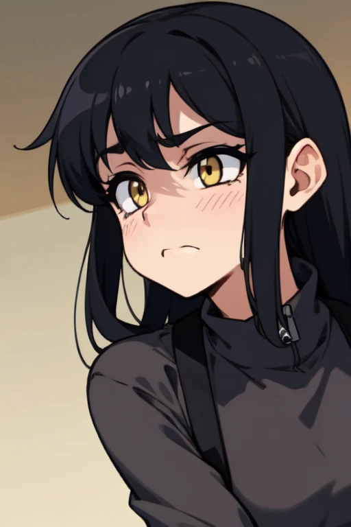 athletic build black hair yellow eyes sad frown long hair
