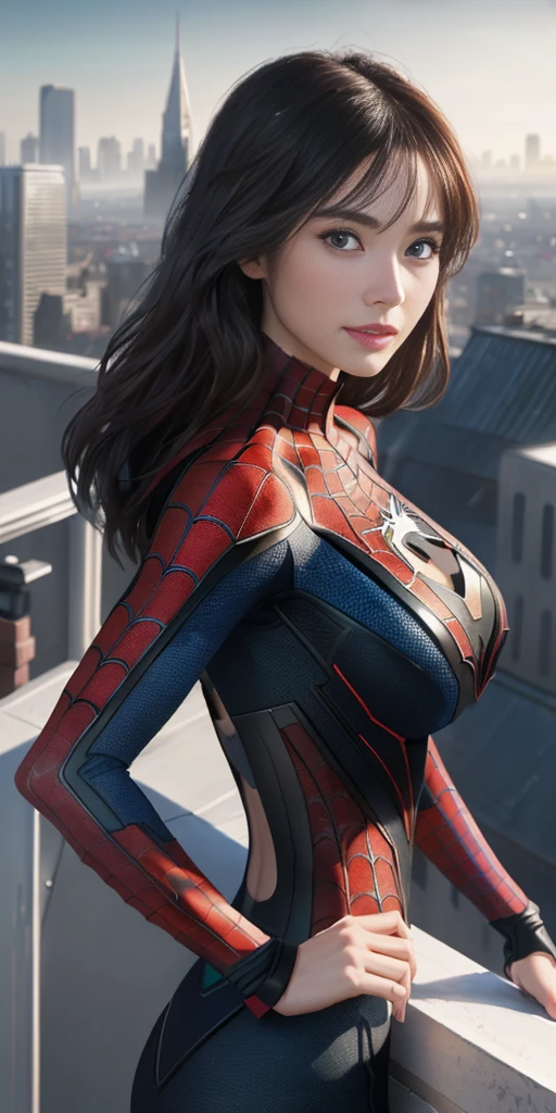 (1girl:1.3), solo, ((very detailed face)))), ((very detailed eyes and face))), beautiful detail eyes, body parts__, official art, unified 8k wallpaper, super detailed, beautiful and beautiful, beautiful, masterpiece, best quality, original, masterpiece, super fine photo, best quality, super high resolution, realistic realism, sunlight, full body portrait, amazing beauty, dynamic pose, delicate face, big breast, vibrant eyes, (from the front), she is wearing a Spider-Man suit, red and black color scheme, spider, very detailed city roof background, rooftop, overlooking the city, detailed face, detailed complex busy background, messy, gorgeous, milky white, highly detailed skin, realistic skin details, visible pores, clear focus, volumetric fog, 8k uhd, DSLR, high quality, film grain, fair skin, photo realism, lomography, futuristic dystopian giant metropolis, translucent