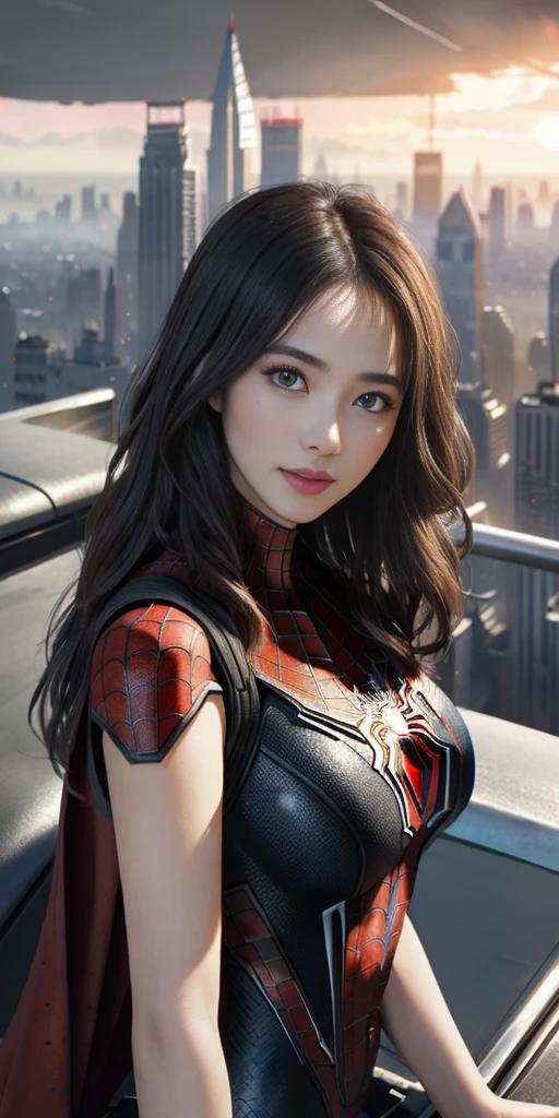 (1girl:1.3), solo, ((very detailed face)))), ((very detailed eyes and face))), beautiful detail eyes, body parts__, official art, unified 8k wallpaper, super detailed, beautiful and beautiful, beautiful, masterpiece, best quality, original, masterpiece, super fine photo, best quality, super high resolution, realistic realism, sunlight, full body portrait, amazing beauty, dynamic pose, delicate face, big breast, vibrant eyes, (from the front), she is wearing a Spider-Man suit, red and black color scheme, spider, very detailed city roof background, rooftop, overlooking the city, detailed face, detailed complex busy background, messy, gorgeous, milky white, highly detailed skin, realistic skin details, visible pores, clear focus, volumetric fog, 8k uhd, DSLR, high quality, film grain, fair skin, photo realism, lomography, futuristic dystopian giant metropolis, translucent