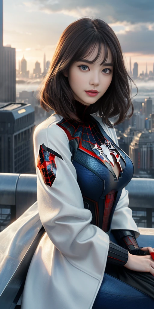 (1girl:1.3), solo, ((very detailed face)))), ((very detailed eyes and face))), beautiful detail eyes, body parts__, official art, unified 8k wallpaper, super detailed, beautiful and beautiful, beautiful, masterpiece, best quality, original, masterpiece, super fine photo, best quality, super high resolution, realistic realism, sunlight, full body portrait, amazing beauty, dynamic pose, delicate face, big breast, vibrant eyes, (from the front), she is wearing a Spider-Man suit, red and black color scheme, spider, very detailed city roof background, rooftop, overlooking the city, detailed face, detailed complex busy background, messy, gorgeous, milky white, highly detailed skin, realistic skin details, visible pores, clear focus, volumetric fog, 8k uhd, DSLR, high quality, film grain, fair skin, photo realism, lomography, futuristic dystopian giant metropolis, translucent