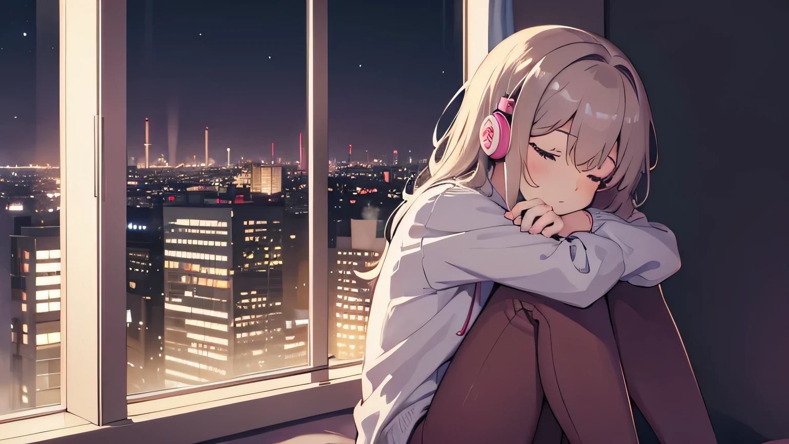 Portrait 512 LoFi Images, Girl in headphones sitting on bed, Put your hands around your knees, close your eyes, feeling the music, Apartment window with city skyline at night, pastel colour, watercolor