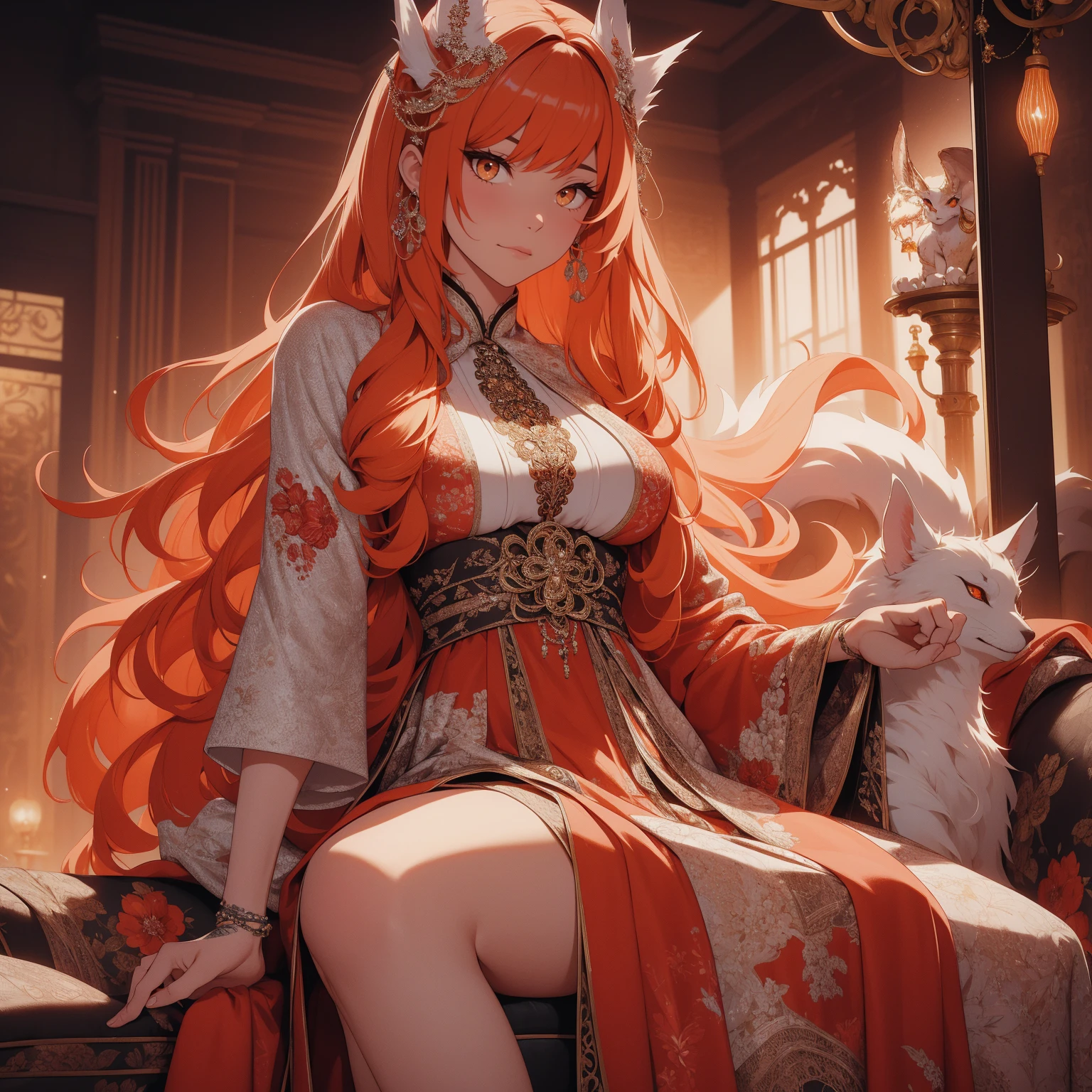 REALISTIC VISION 1.4, BETTER VAE,sharp focus, ultra detail, 32k,realistic photo, intricate details, kitsune, orange hair, oranfe eyes, intricate details ,woman, nine tails, intricate details,intricate details,big , Voluptuous body, intricate details, Miko, clothes long white dress with red details intricate details, tattoos intricate details, full body, sitting on the sofa