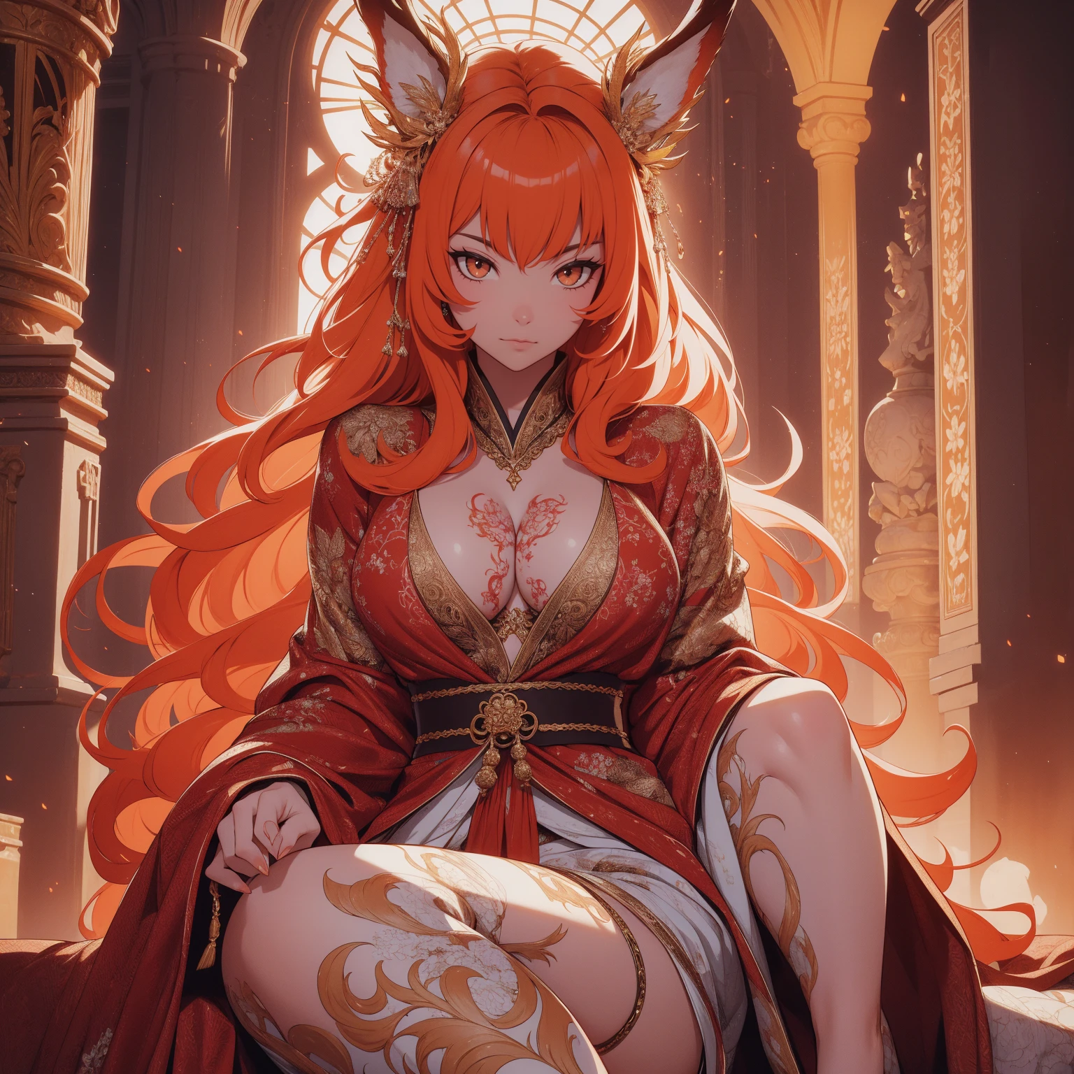 REALISTIC VISION 1.4, BETTER VAE,sharp focus, ultra detail, 32k,realistic photo, intricate details, kitsune, orange hair, oranfe eyes, intricate details ,woman, nine tails, intricate details,intricate details,big , Voluptuous body, intricate details, Miko, clothes long white dress with red details intricate details, tattoos intricate details, full body, sitting on the sofa