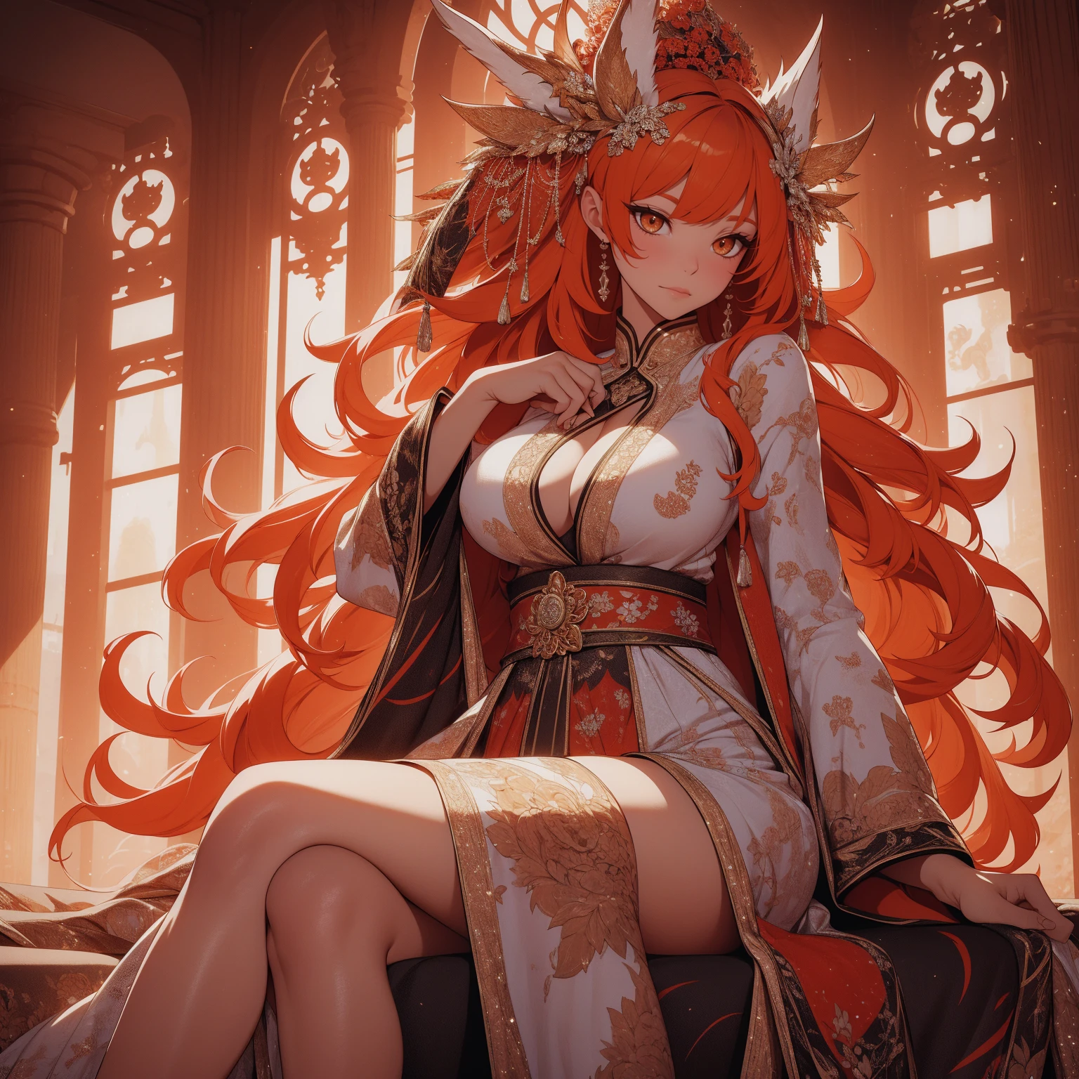 REALISTIC VISION 1.4, BETTER VAE,sharp focus, ultra detail, 32k,realistic photo, intricate details, kitsune, orange hair, oranfe eyes, intricate details ,woman, nine tails, intricate details,intricate details,big , Voluptuous body, intricate details, Miko, clothes long white dress with red details intricate details, tattoos intricate details, full body, sitting on the sofa