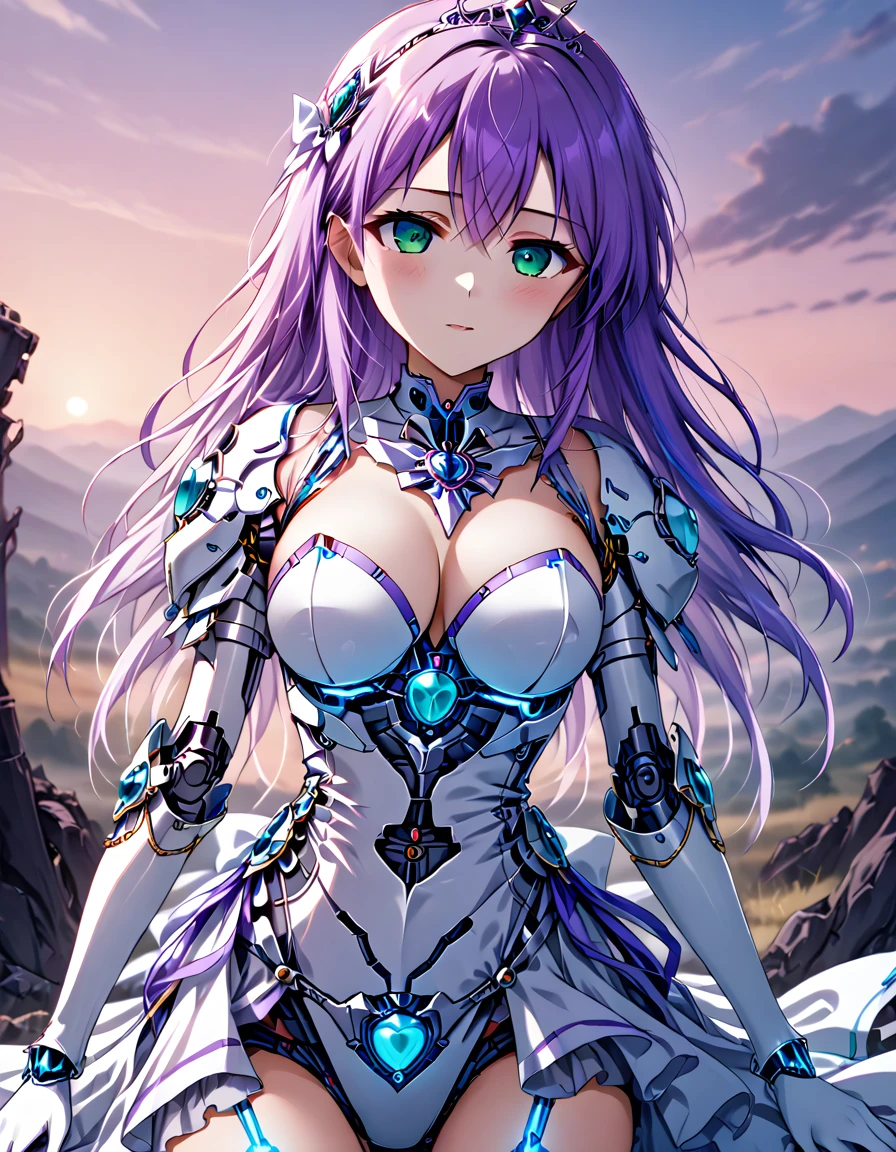 One girl,
Outdoor,
Cowboy Shot,
Twilight,
Break Yoakena, Finafam Earth Light, Green Eyes, Long Hair, Purple Hair, Android, Cyborg Dress, gloves,Crown, jewelry, Cleavage, Princess,elbow gloves,tiara,brooch,white gloves,
Breaking the masterpiece, highest quality, Fallen into evil